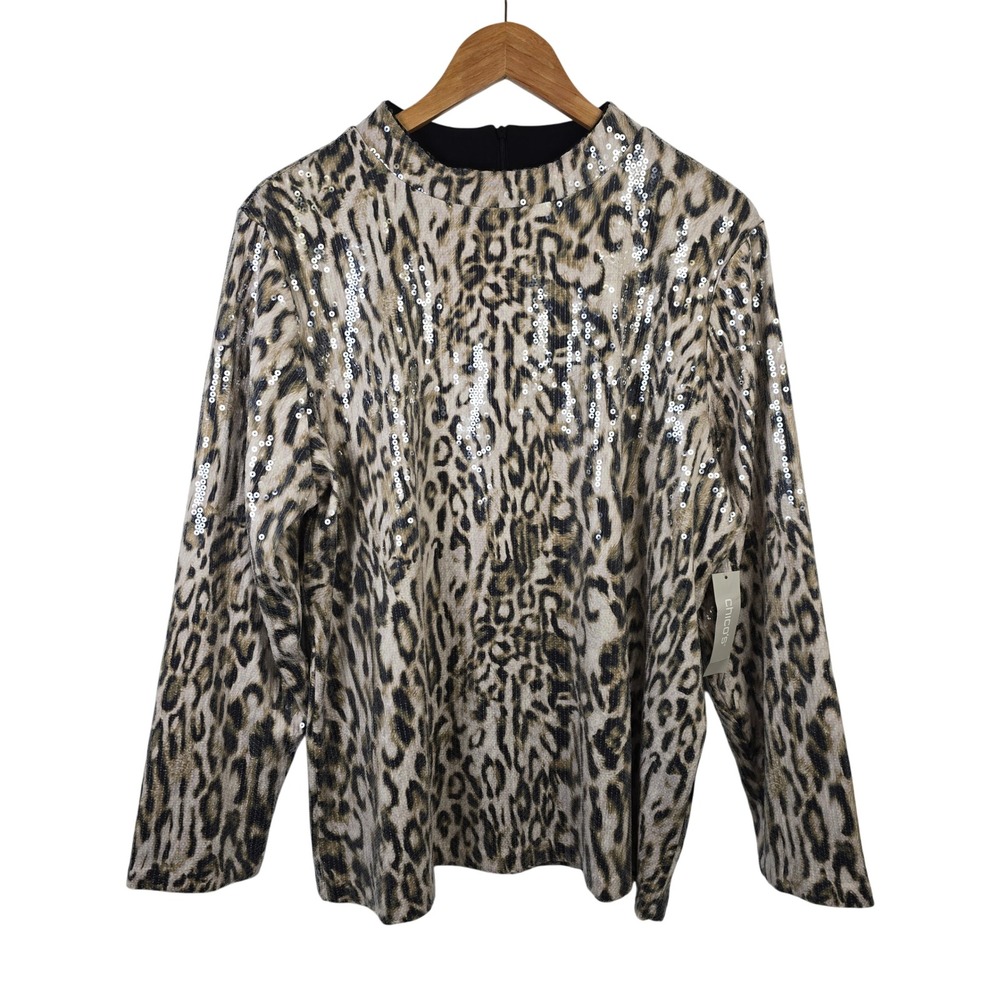 Chicos Cheetah Sequin Top Neutral Animal Print Mock Neck Size 3 XL NWT